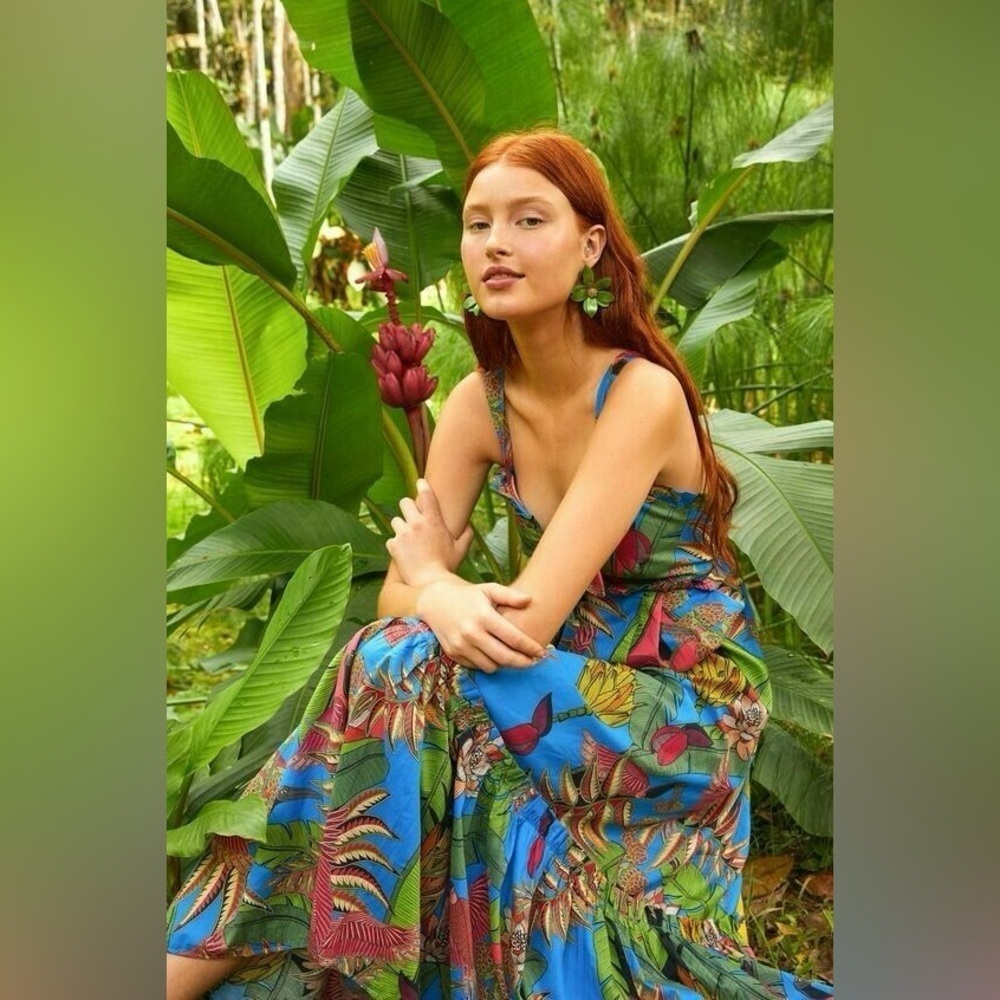 NWOT Farm Rio Anthropologie Tuiuiu Tropical Coastal BabydollFloral Maxi Dress XS